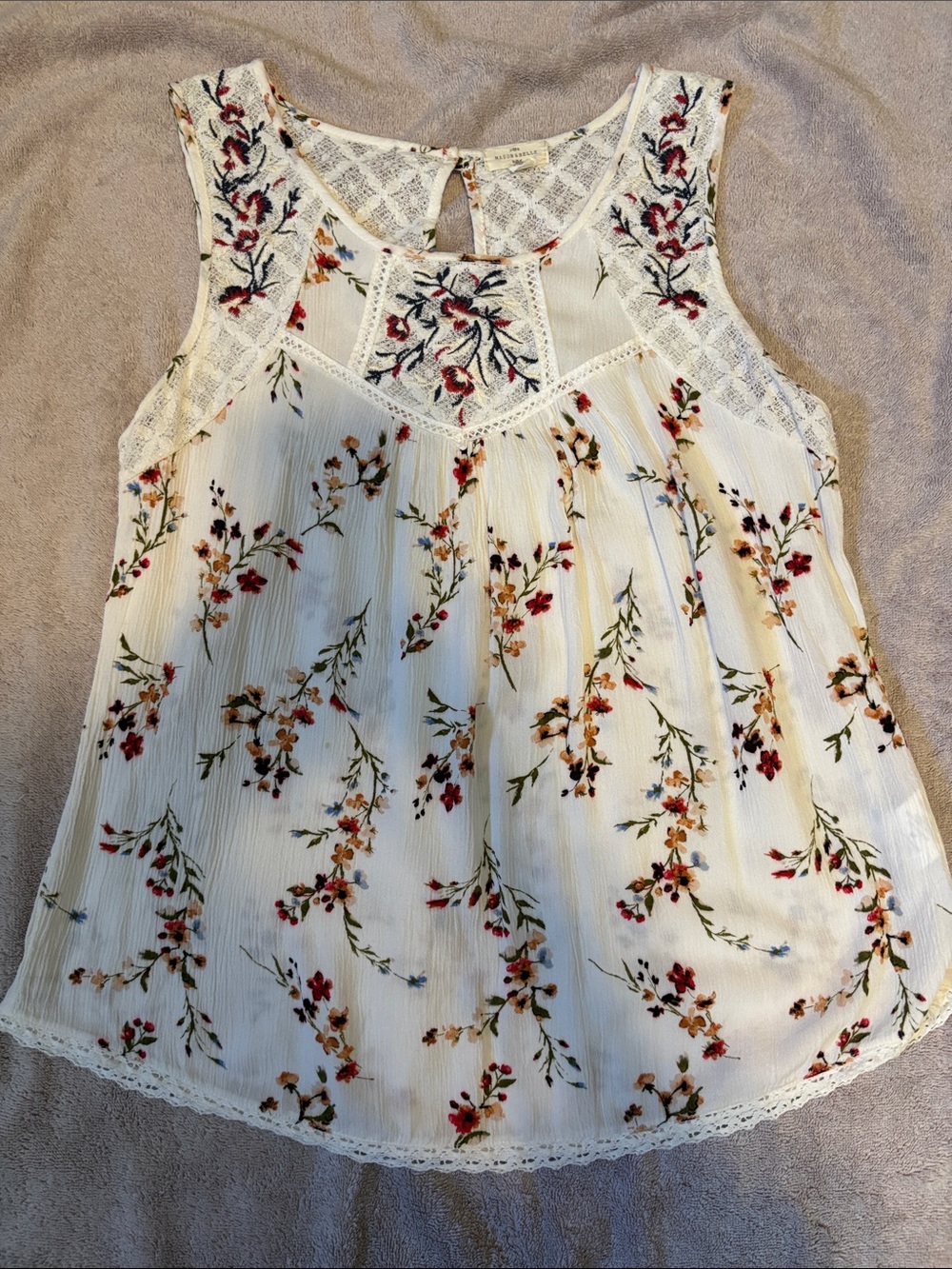 Mason & Belle Floral Lace Yoke Sleeveless Tank Top - White - Size M - Picture 8 of 8